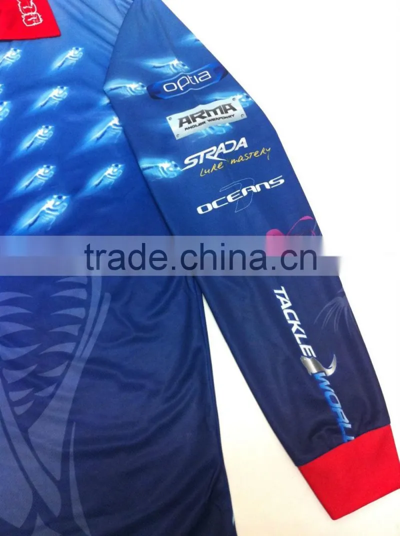 Sublimated printing custom fishing shirt, buttons on collar, comfortable rid fabric on wrist
