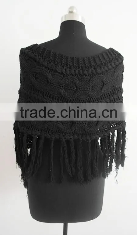 Fashion black hand made cable knit poncho sweater