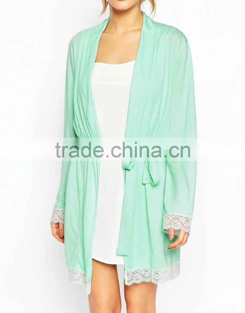 Soft touch jersey fabric open front lace trim bath robe for lady
