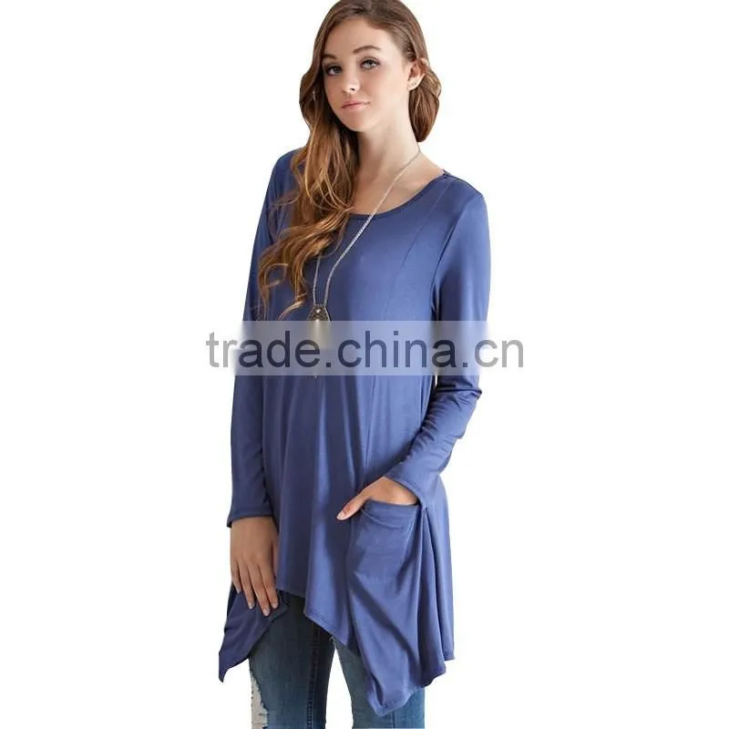 Newest design fashion long sleeve pure color round neck loose blouse for wholesale 2017