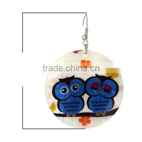 Silver Tone Hook Round Multicolor Flower Halloween Owl Pattern Fashion Shell Dangle Earrings 6.5cmx4.5cm