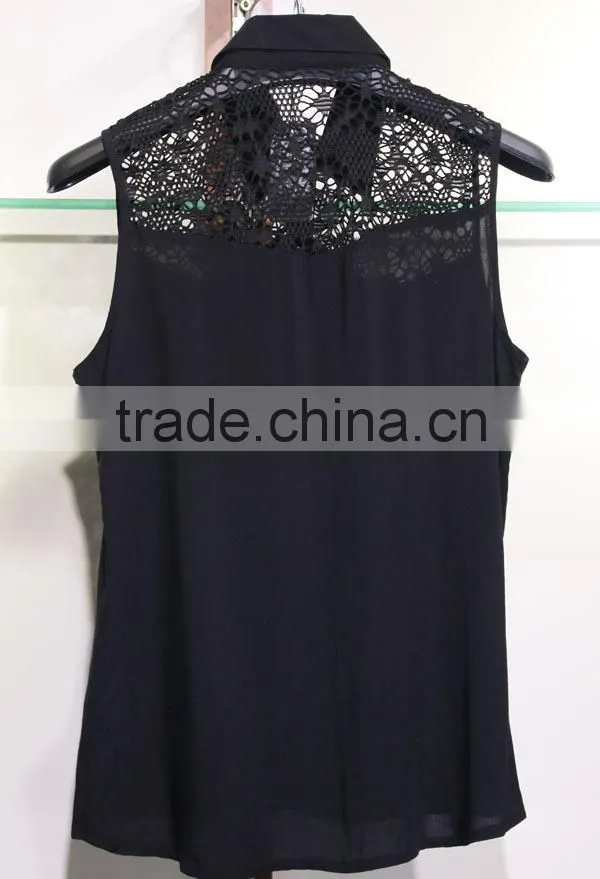 Women's sleeveless viscosa blouse with laced back yoke and front yoke black