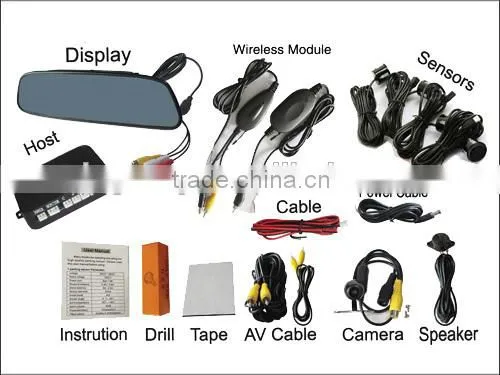 Car reverse parking camera wireless with 4.3inch lcd monitor and 4 waterproof sensors