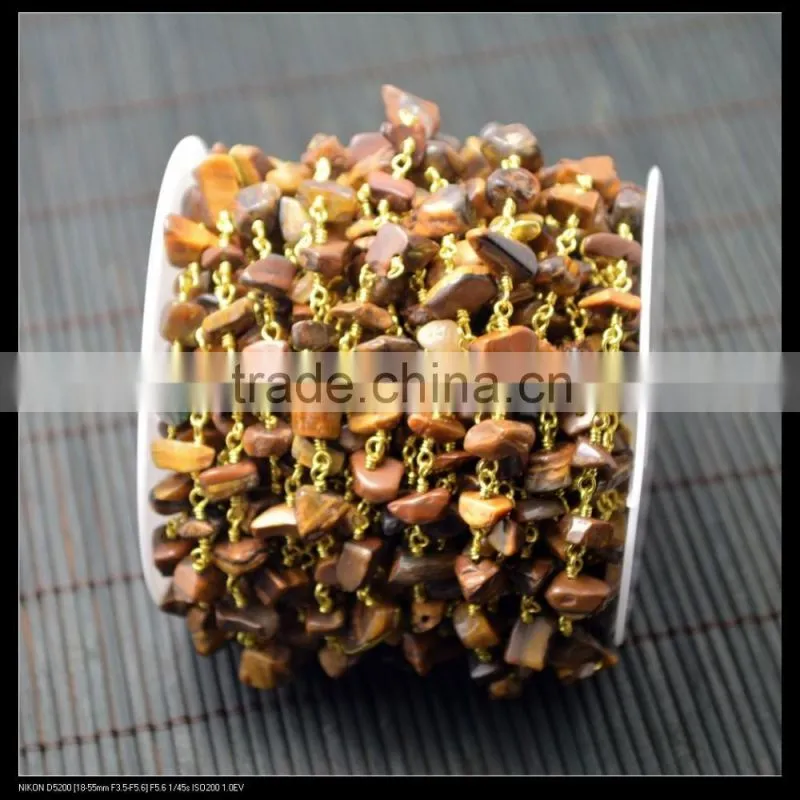 LFD-005C ~ Wholesale Gold Plated Wire Wrapped Freeform Tiger's Eye Chips Chain Gemstone Beaded Jewelry Finding