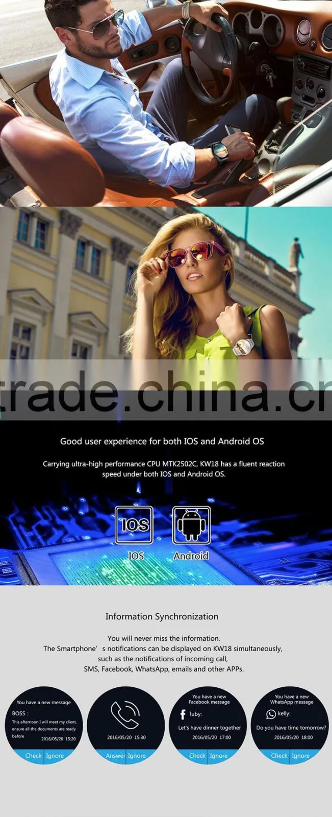 KW18 1.3 Inch TFT IPS LCD HD Bluetooth 4.0 smartphone watch with Android and IOS OS support