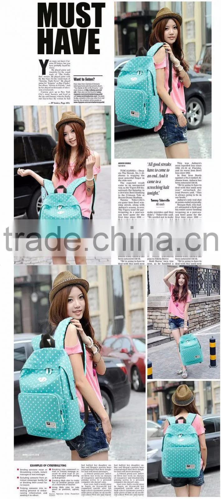 leisure school students shoulder bag for polyester backpack with dot bag