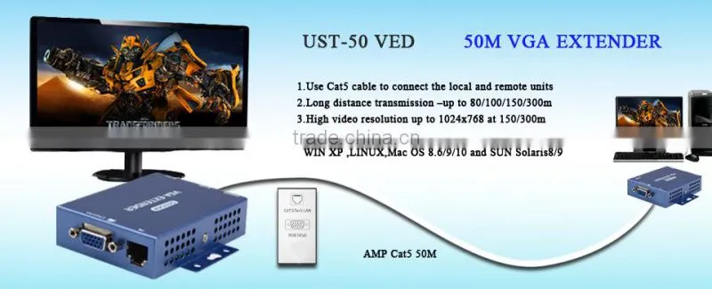 50M RJ45 UTP VGA extender 1x1 with audio(0-300m) by single cat5e