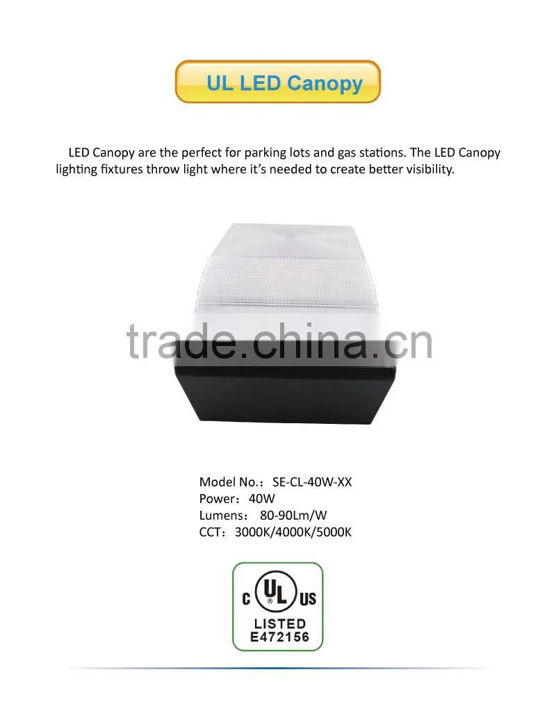 UL 40W LED Canopy Light with 5 Year Warranty for Parking Garage Lighting
