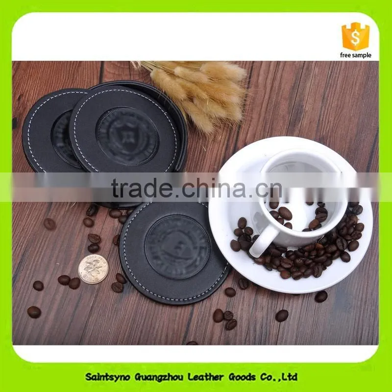 16016 Eco-friendly leather black round shape leather/PU drink coaster