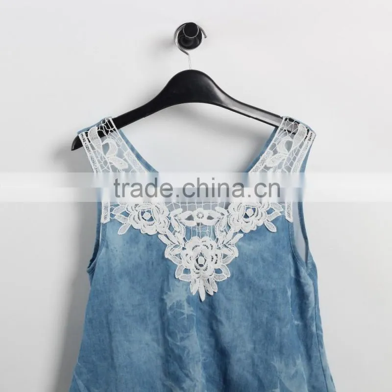 OEM Custom designs denim shirt with lace sleeveless causal girl woman top in Guangzhou