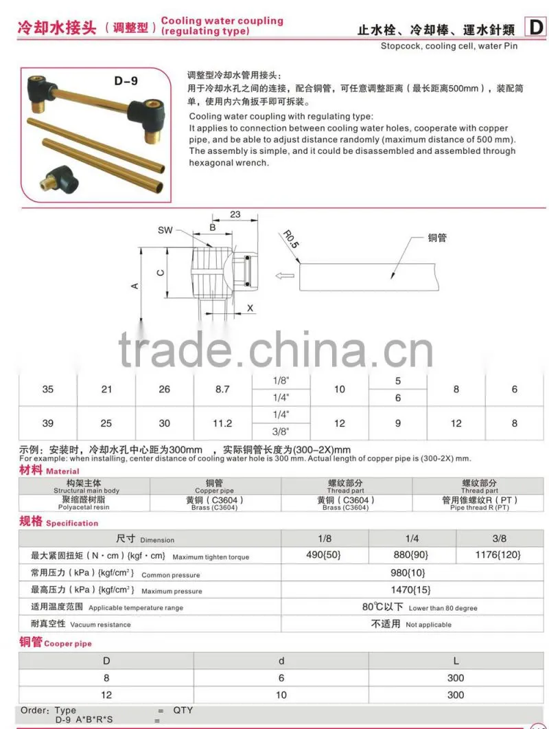 Water cooling connection/quick coupling pipe connection