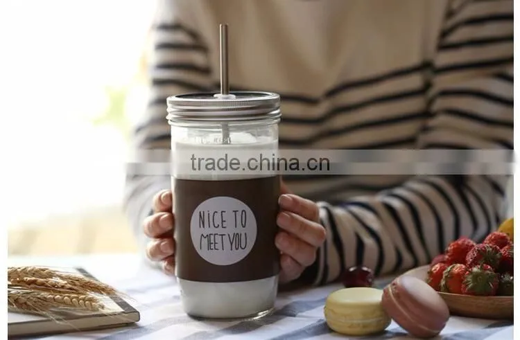 New Fashion Creative Office Glass Coffee Mug With Lid And Straw