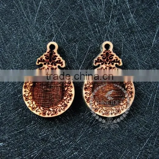 14mm setting size vintage style natual log wood bezel carving flower round pendant setting DIY findings supplies 1411143