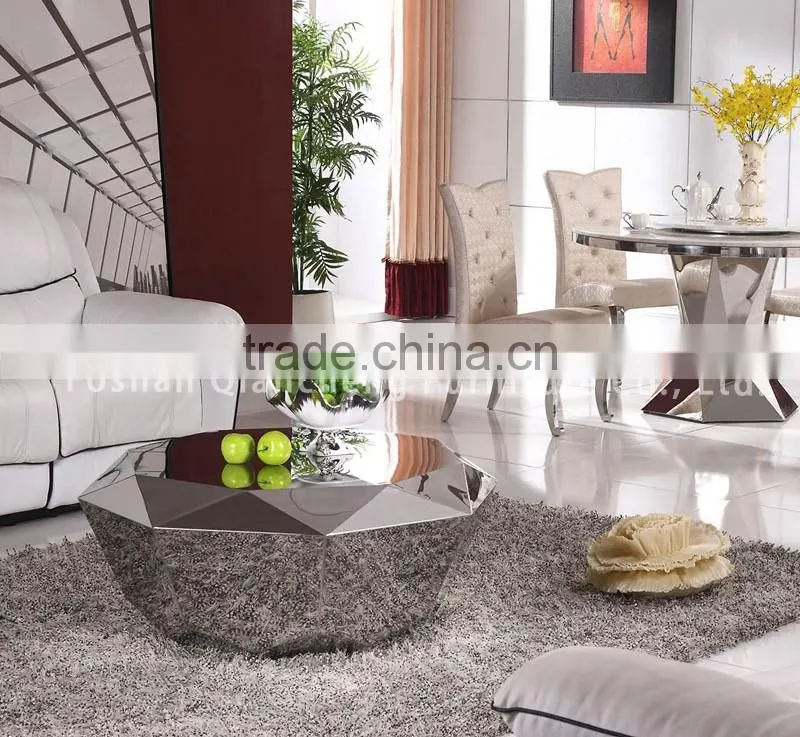 polyhedron mirror silver stainless steel coffee table