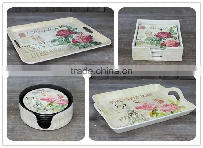 S/7 Square Plastic Coster, Rose Decal Cup Coaster Holder