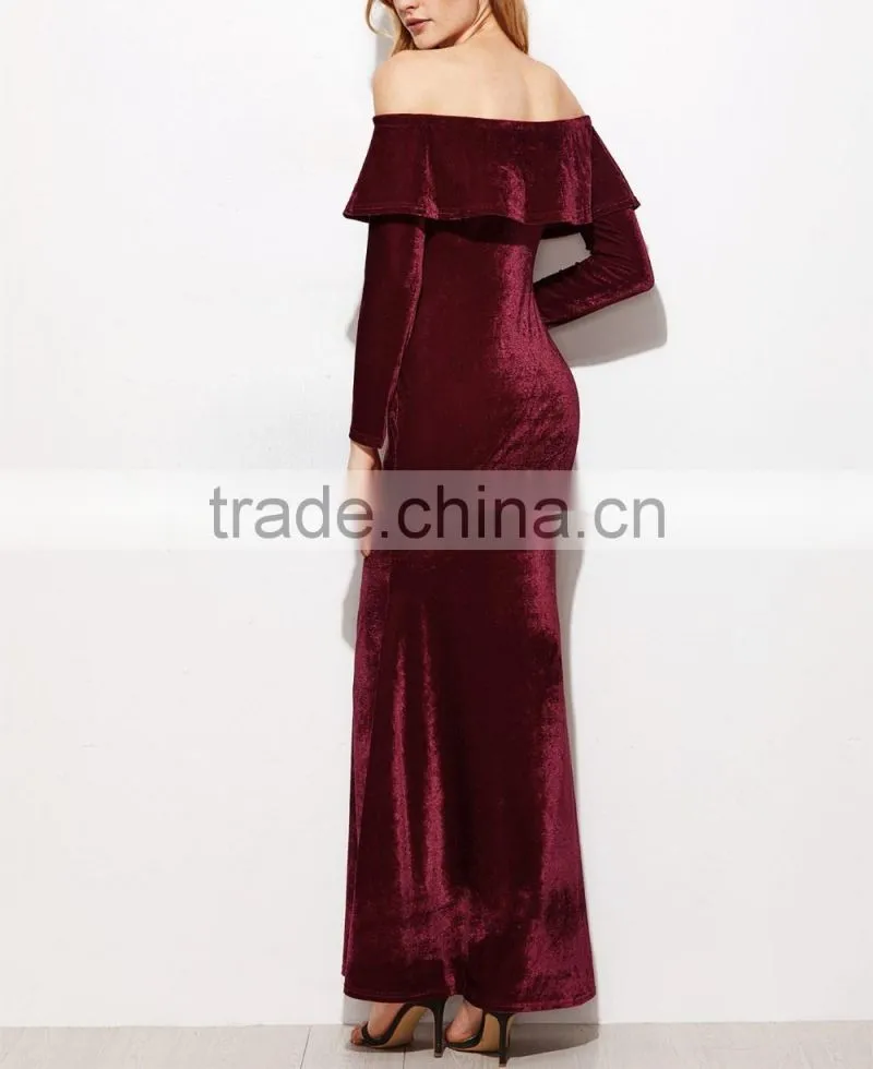 New Style Off the Shoulder Long Sleeve Flounce Layered Neckline Maxi Evening Dress Women New Sexy Fishtail Velvet Dresses