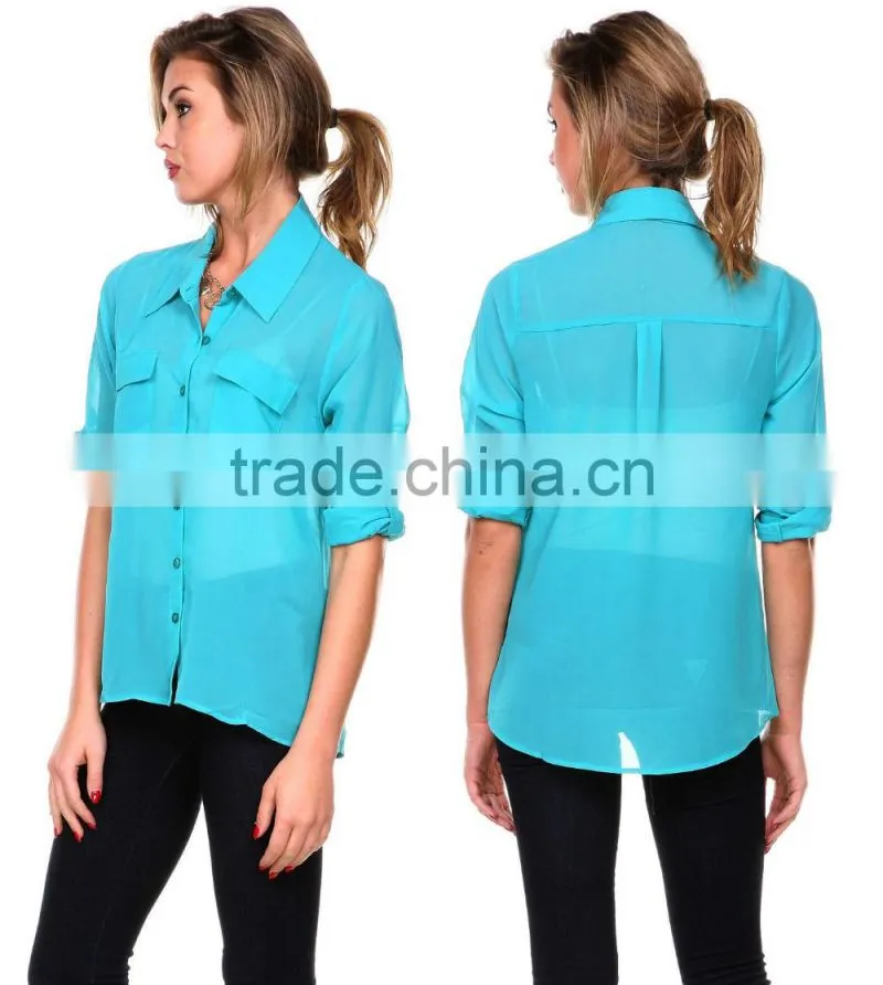 Latest Women Long Sleeve Loose Chiffon Casual Tops Button Down Shirt Ladies Blouse
