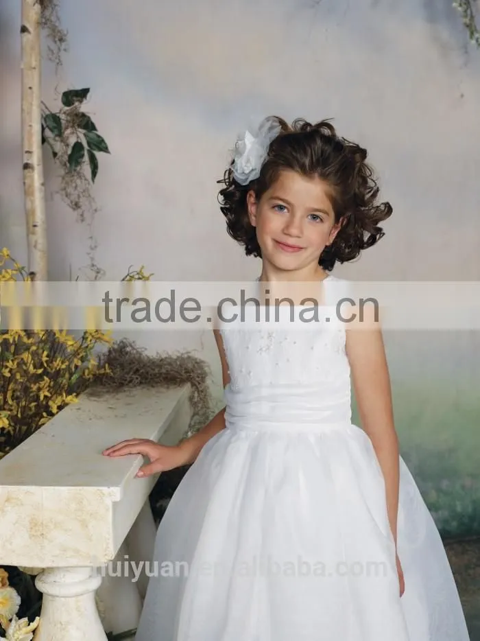 white satin off shoulder high neck beaded flower girl dress
