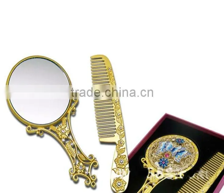 A Chinese Carnelian Handle Hand Mirror,Bronze Hollow Handle Oval Mirror + Comb Suit with Logo Customized