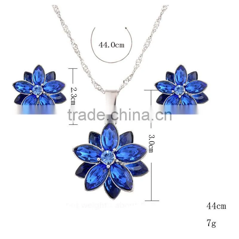Blue/White/Pink Flower Necklace Earring Set Rhinestone Crystals for Women Jewelry