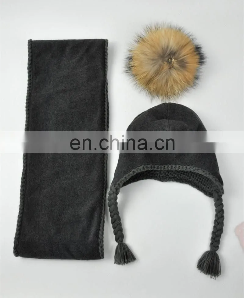 Kids Customized Design Wool Collar Raccoon Fur Pom Cashmere Knitted Hat and Scarf