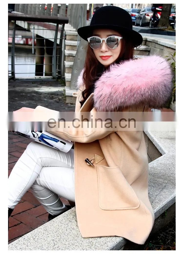 Fashion Hot Women Winter Raccoon Fur Short Hooded Korean Cashmere Wool Coat