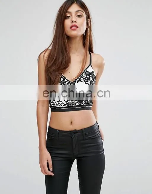 Alibaba Trending New Fashion Sexy Girls Top Design, Kendall and Kylie Paneled Long Sleeve Crop Top with Black or White Lace