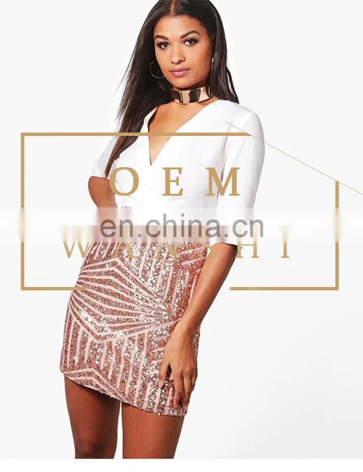 custom summer sexy Sequin half sleeve women mini Bodycon dress