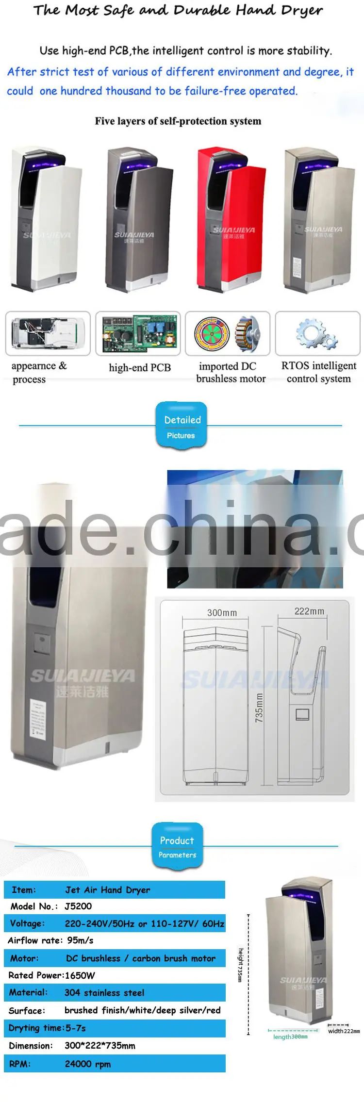 double side high speed jet air hospital hand dryers for washroom
