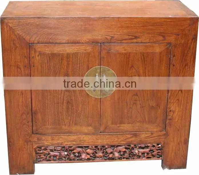 chinese antique wooden lubriciou two door cabinet with sculpture