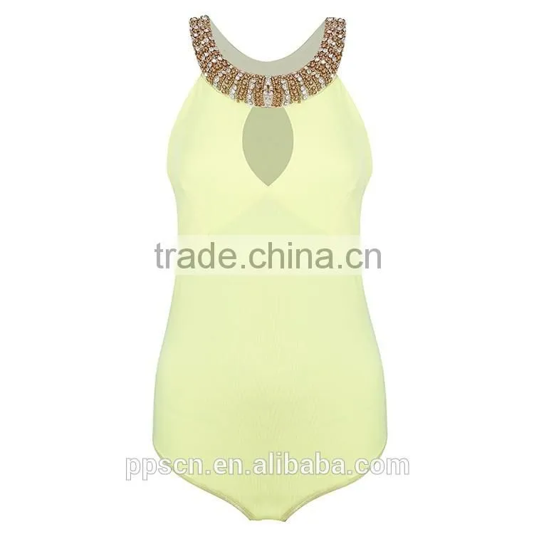 OEM Hot Selling Wholesale beaded yellow color One Piece Playsuit jumpsuit for women 2016