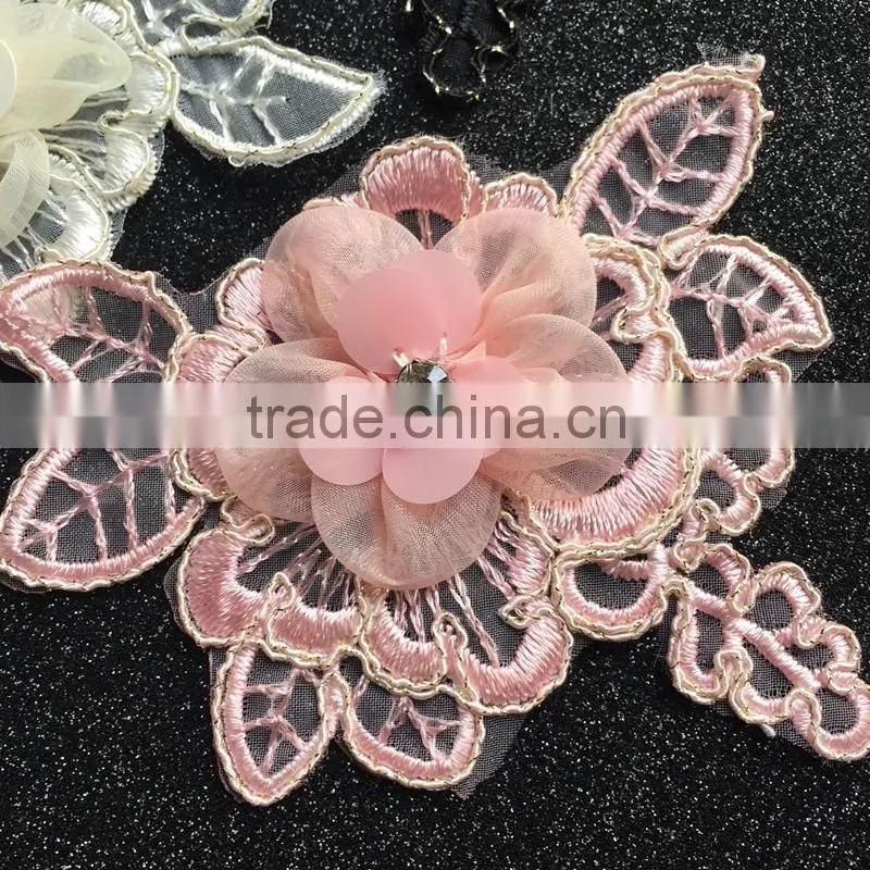 Handmade Fabric Flower Applique With Feather,Flower Patches For Cloth