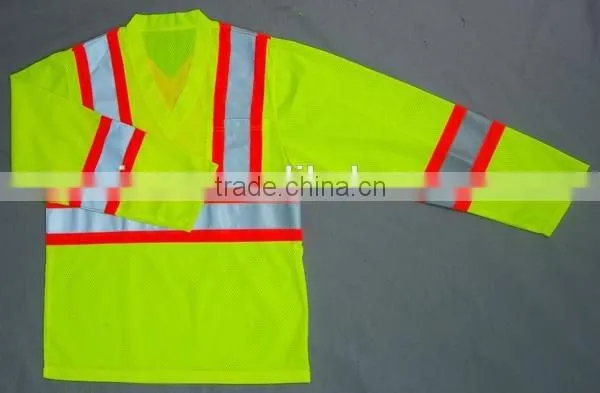 yellow safety vest with pockets Long Sleeves Mesh Fabric V-neck Reflective Shirt