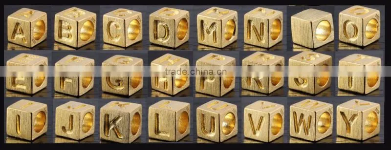 925 Sterling Silver Square Cube Letter alphabet Beads Charm With 18K gold Plating