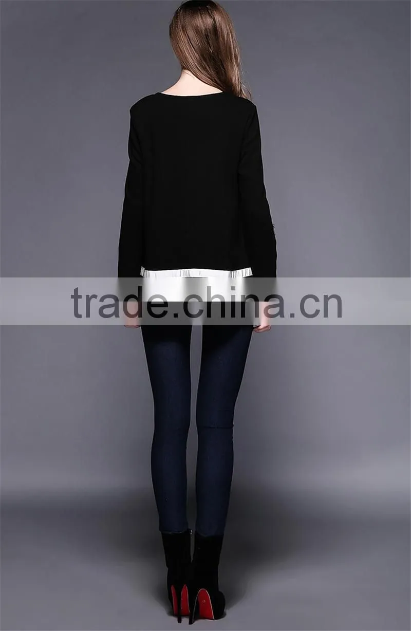 2016 Spring New Latest Fashion Design Plus Size Loose Style Long Sleeve Black Women Long Tops