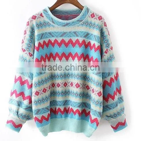 Candy color geometric stripped pattern joker loose knitwear