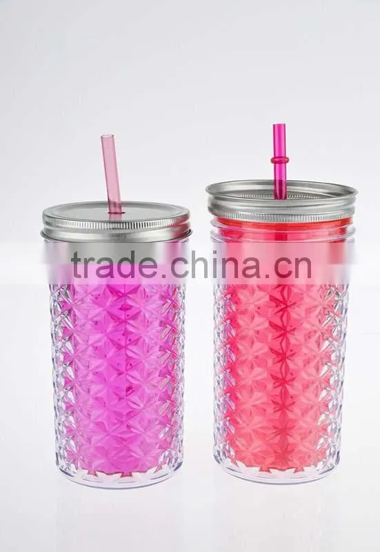 450ml doubel wall-plastic mug with straw and tinplate cap