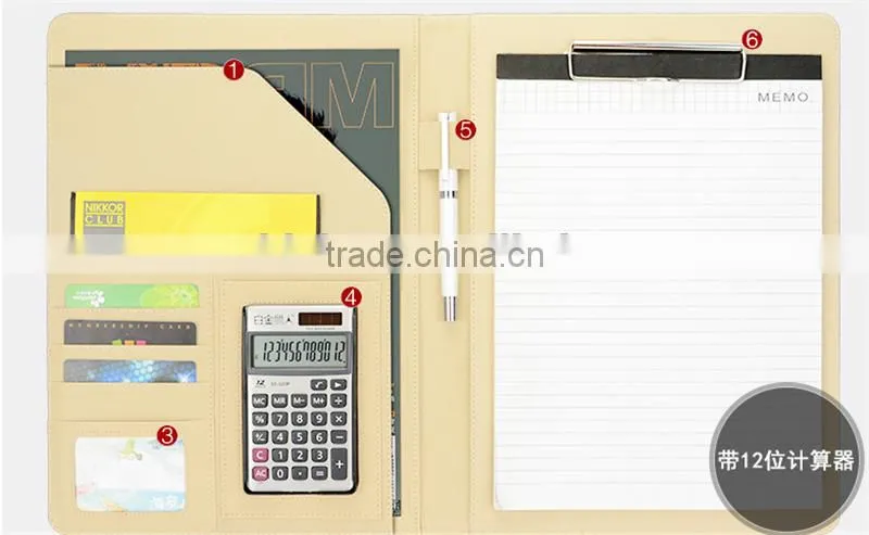 Dongguan factory direct Multi-function file folder with calculator, custom pu leather portfolio with MEMO pad