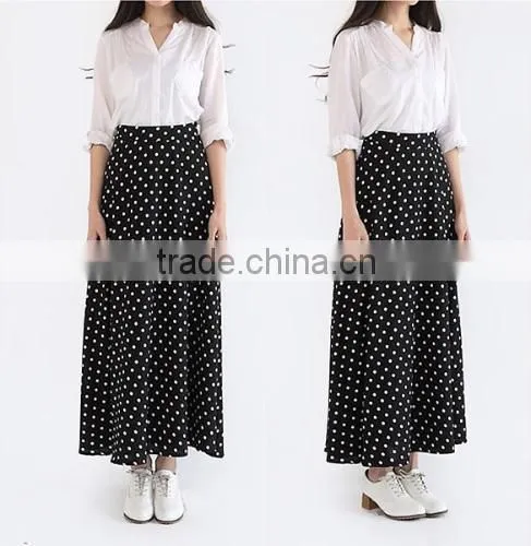 Stylish Lady Women Sweet Medium Elastic Waist Dot Chiffon Mild-calf Casual Pleated Skirt