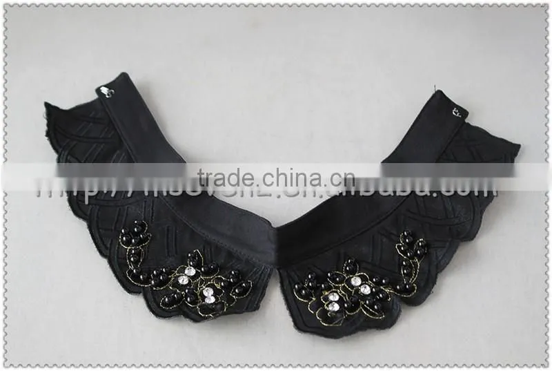 Customized black handmade flower beads necklace, gold yarn embroidery collar with pearl beaded.