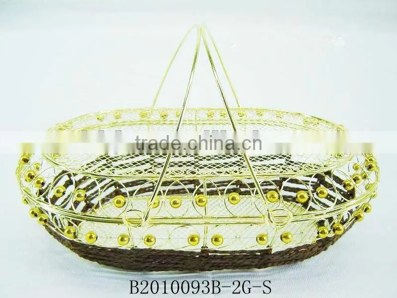 Golden metal wire and paper rope rectangle fruit storage basketry