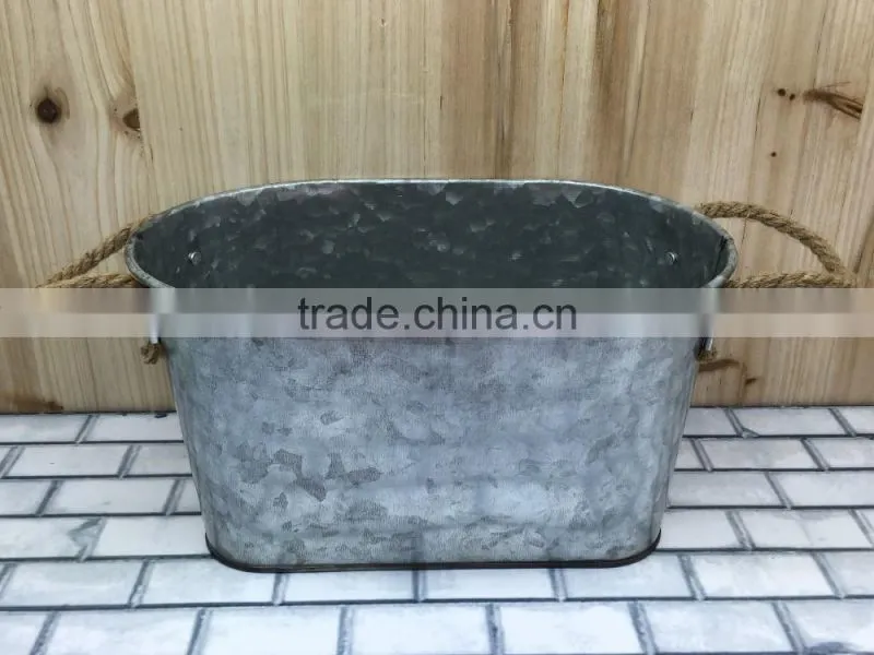 Retro design oval galvanized iron flower pot metal garden planter pot with double handles