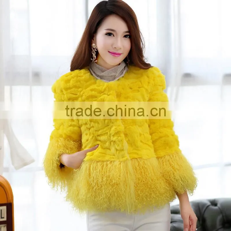 Women's Real Rabbit Fur Coat with Mongolia Lamb Fur Big Skirt Hem Bright Color Natural Fur Coats Female