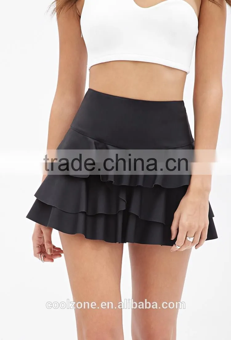 2015 High Quality Ladies Short Skirt Ruffled Faux Leather Skirt
