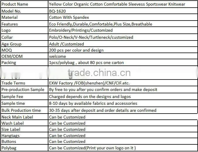 Yellow Color Organic Cotton Comfortable Sleevess Sportswear Knitwear
