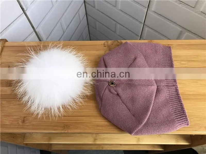 Women Cashmere Knitted Collar Raccoon Fur Pompom Hat Wholesale Hat and Scarf Sets