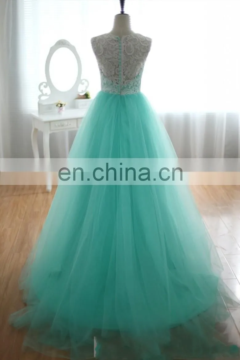 Free Shipping Cheap Jewel Collar Sleeveless Pleat Lace and Tulle Blue A-line Long Real Evening Dress Express
