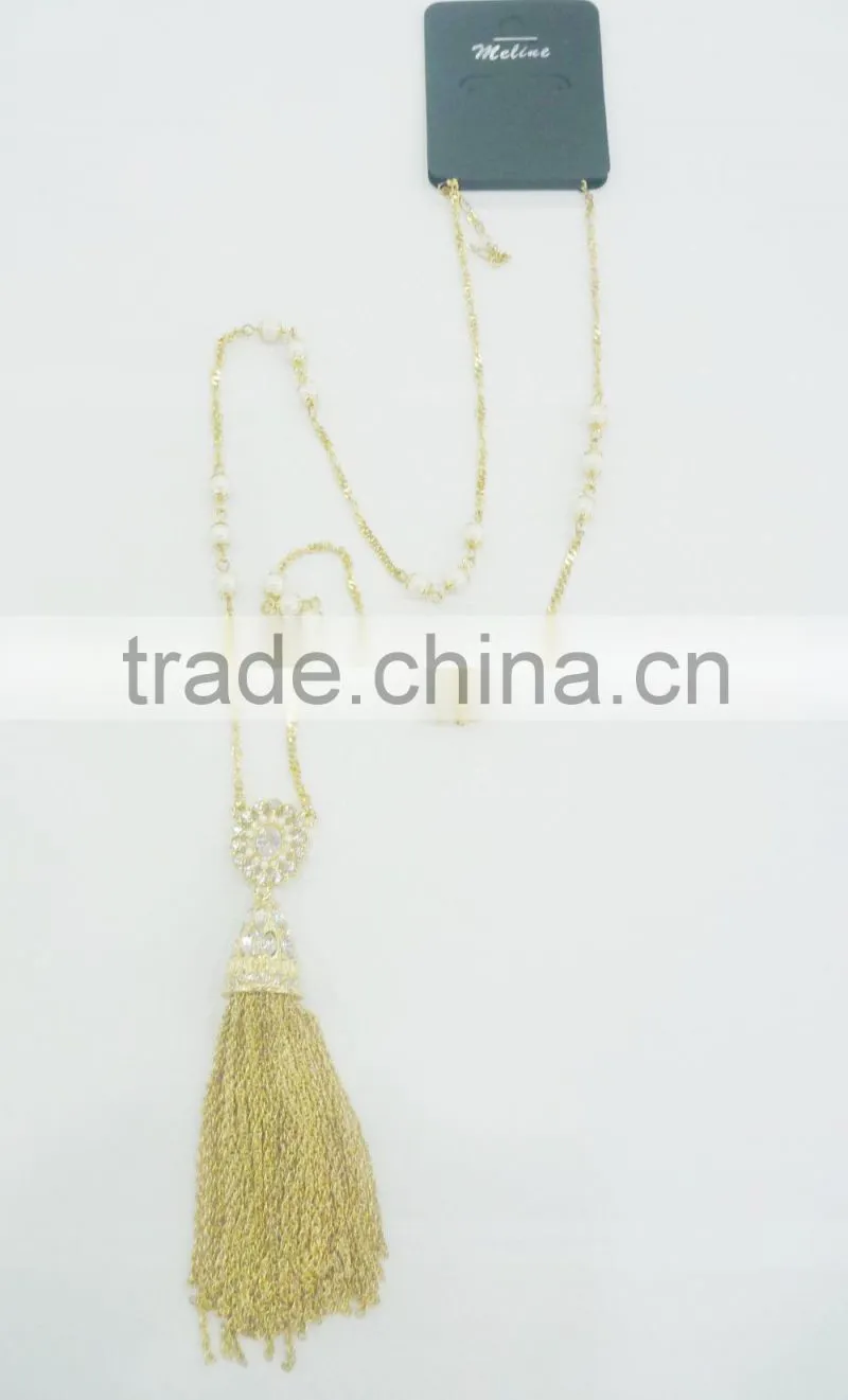 FASHION CHAIN TASSEL PEARL NECKLACE WITH CRYSTAL STONES