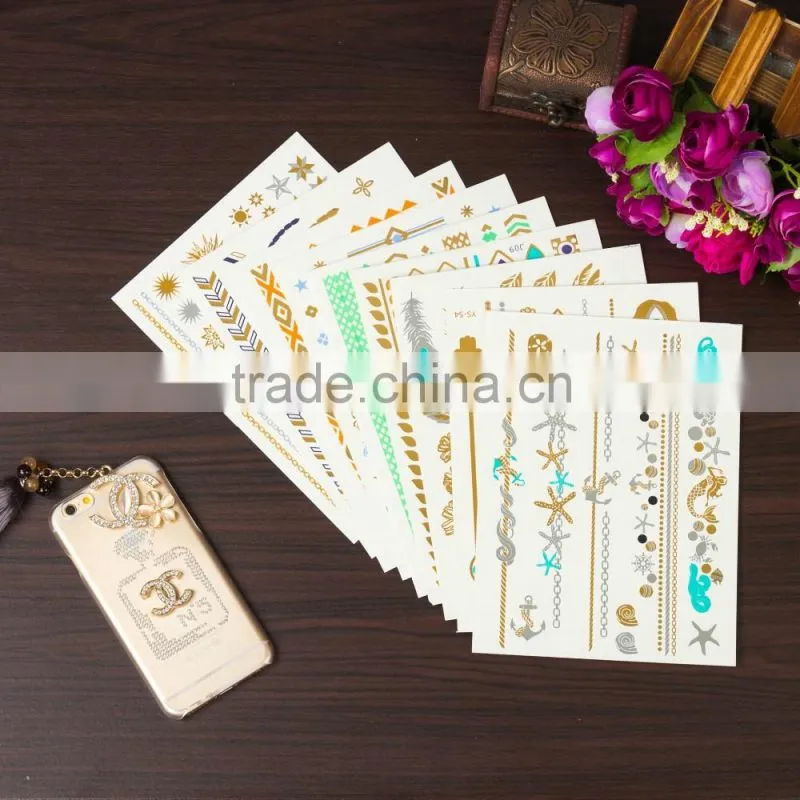 New Necklace Bracelets Tattoo Metal Silver Golden Temporary Tattoos Sticker For Adults