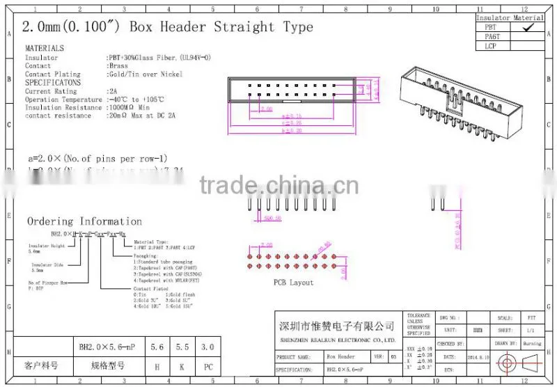 Gold Plated 20 pin connector, 2.0mm DIP Box Header